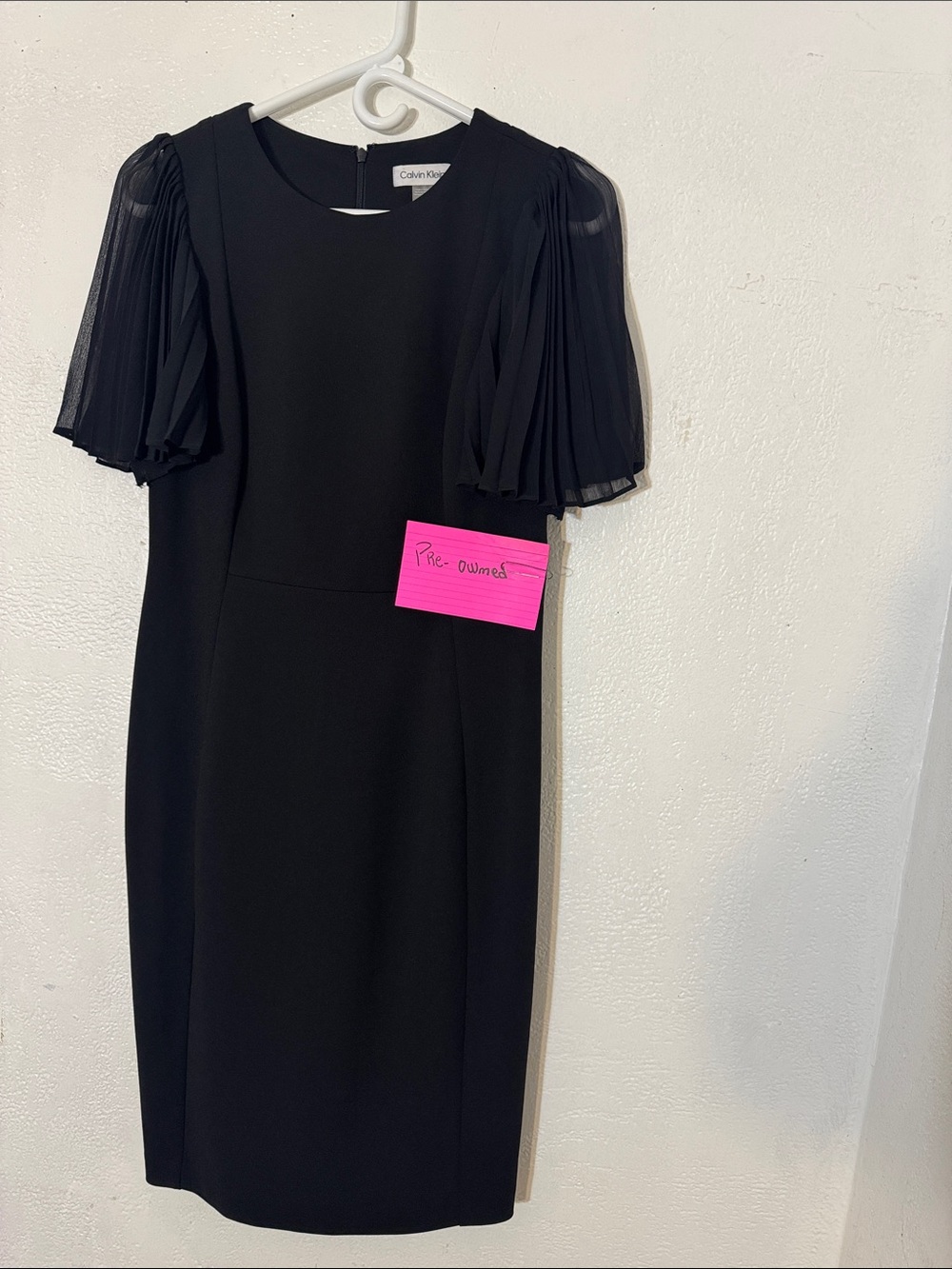 Calvin Klein Black Midi Dress with Pleated Short Sleeves size 6 pre-owned